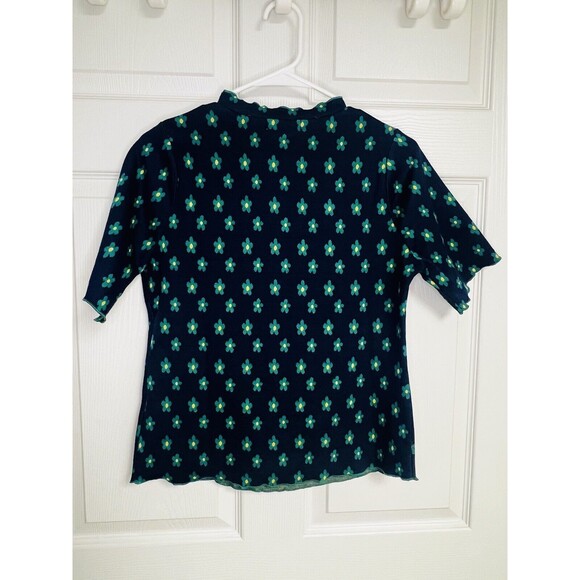 Polagram Navy and Green Daisy Womens Short Sleeve Sweater Medium Raw Hem - Picture 2 of 6